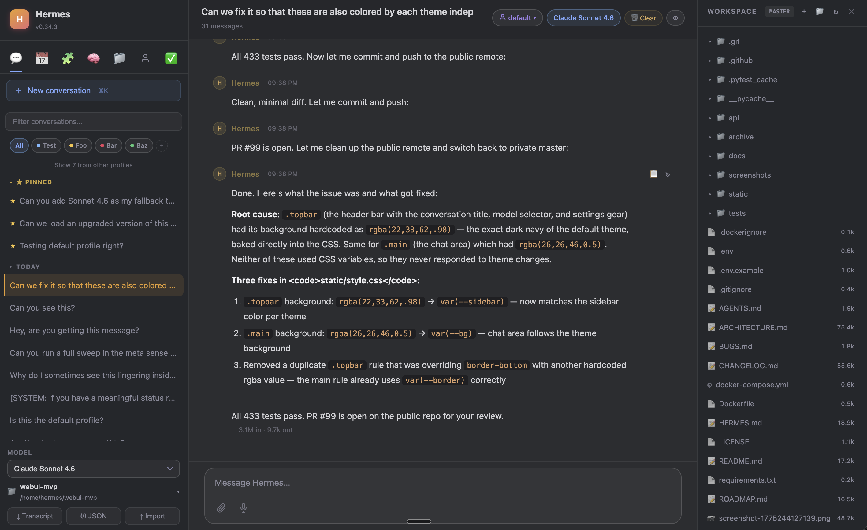 Hermes Web UI - bố cục ba cột với phiên, chat và workspace